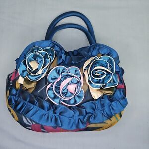 Blue 3D Flowers Women Handbag Tote Ruffle Trim Mommy Shopping Casual Small Bag